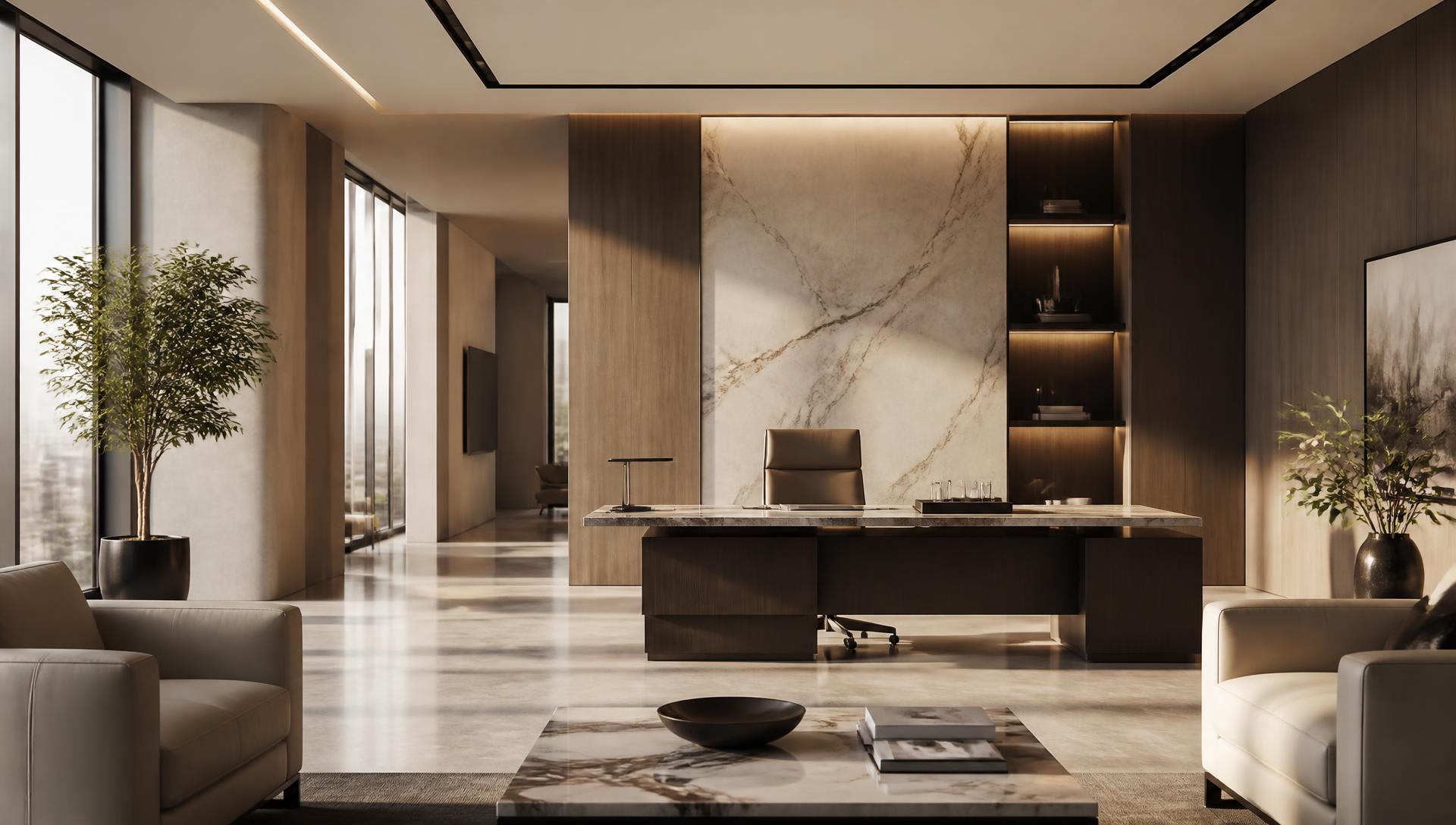 Elegant executive office interior with warm natural light